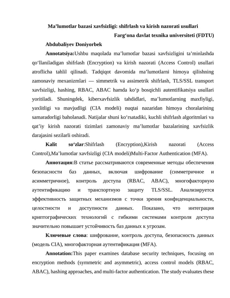 Ma’lumotlar bazasi xavfsizligi: shifrlash va kirish nazorati usullari 1