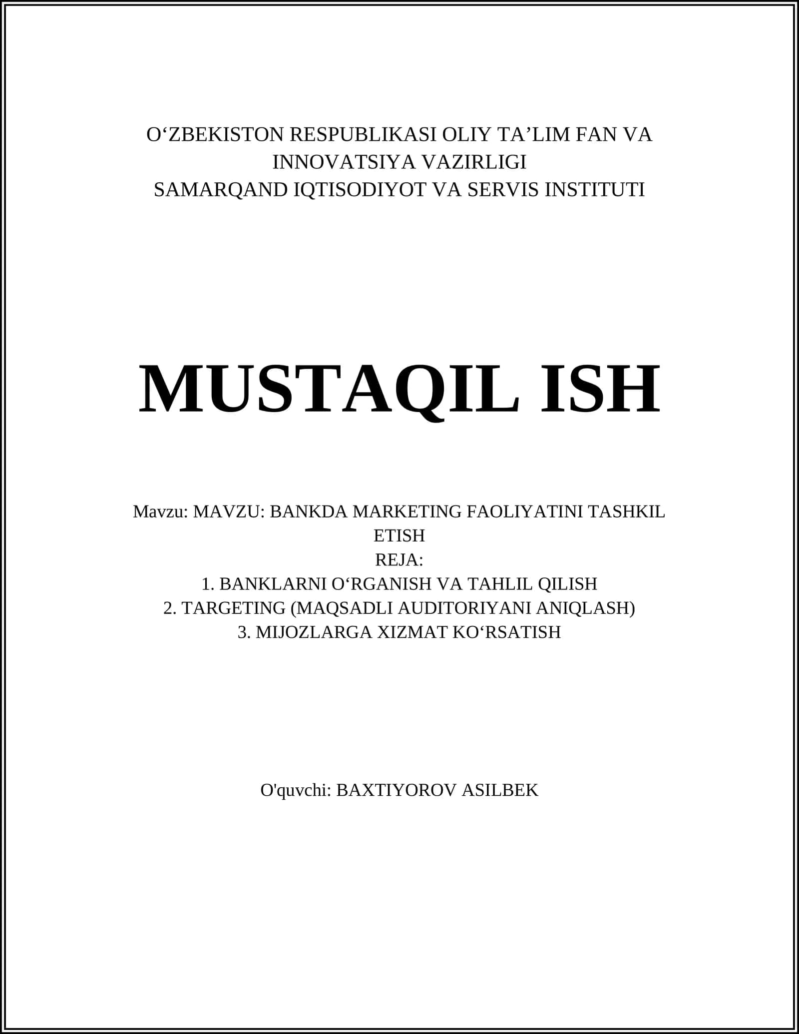 BANKDA MARKETING FAOLIYATINI TASHKIL ETISH 1
