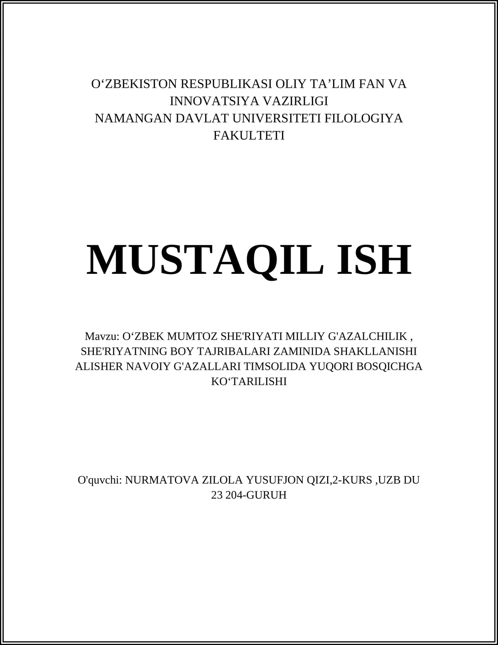 OʻZBEK MUMTOZ SHE'RIYATI MILLIY G'AZALCHILIK 1