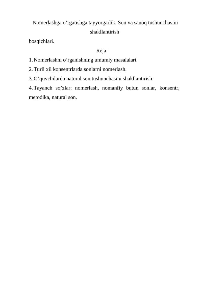 Nomerlashga o‘rgatishga tayyorgarlik 1