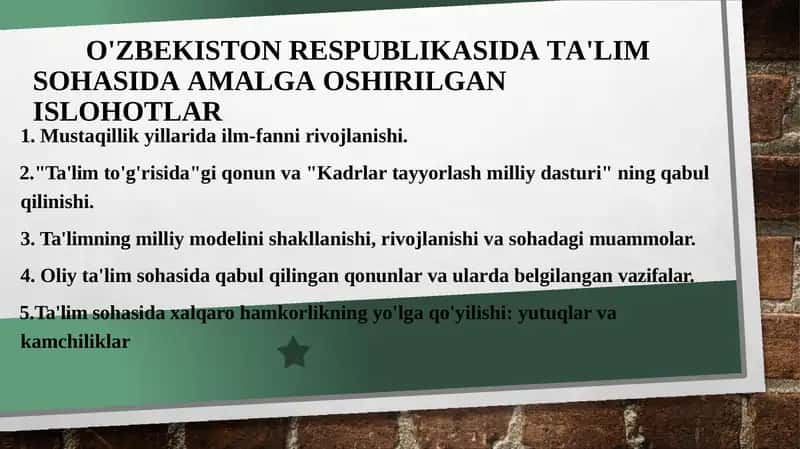 O'ZBEKISTON RESPUBLIKASIDA TA'LIM  SOHASIDA AMALGA OSHIRILGAN ISLOHOTLAR 1