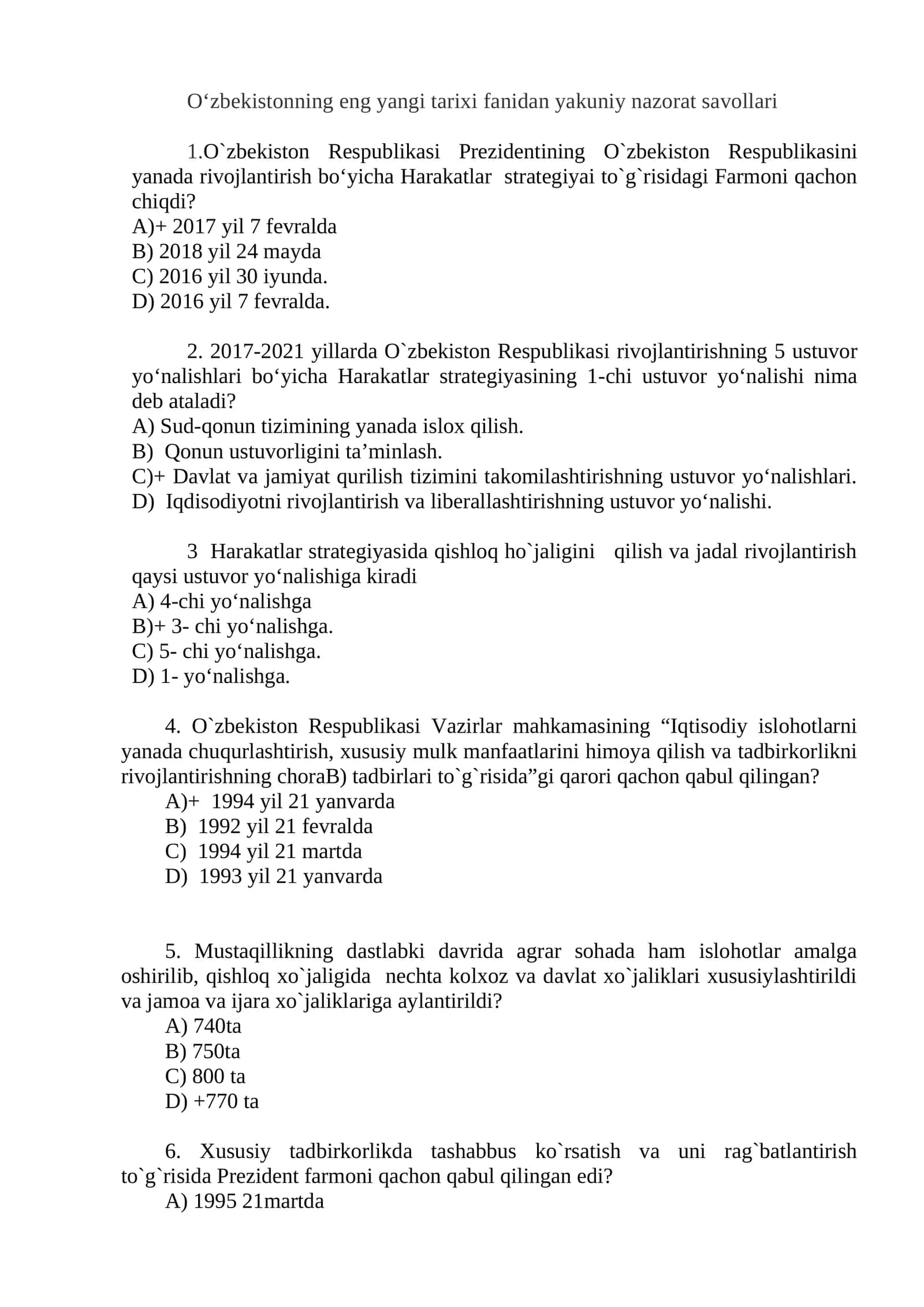 O‘zbekistonning eng yangi tarixi fanidan yakuniy nazorat savollari 1