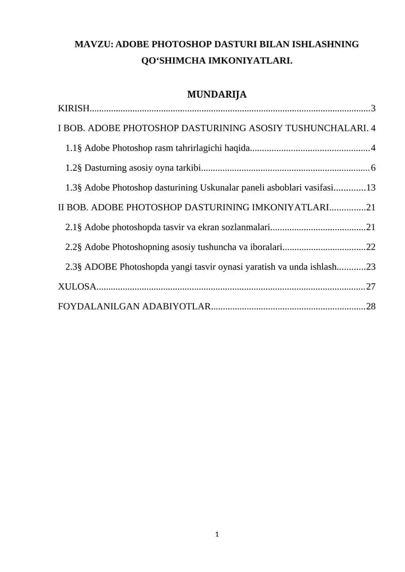 ADOBE PHOTOSHOP DASTURI BILAN ISHLASHNING QO‘SHIMCHA IMKONIYATLARI 1