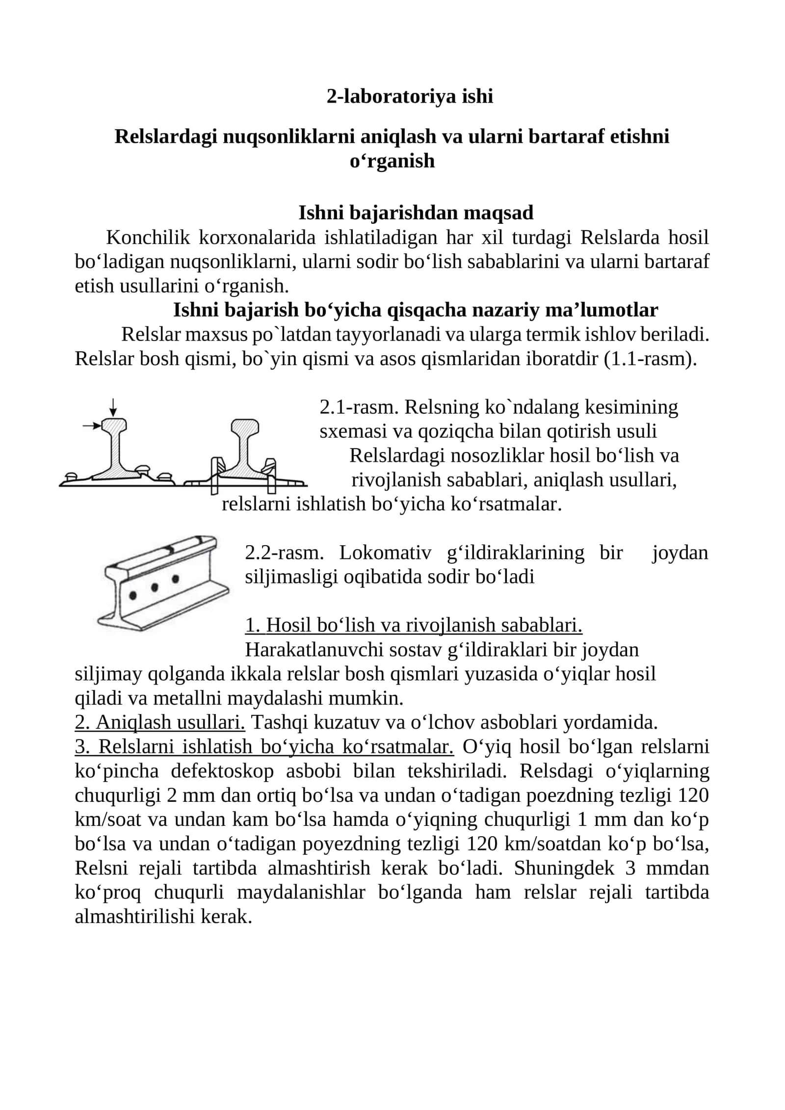 Relslardagi nuqsonliklarni aniqlash va ularni bartaraf etishni o‘rganish 1