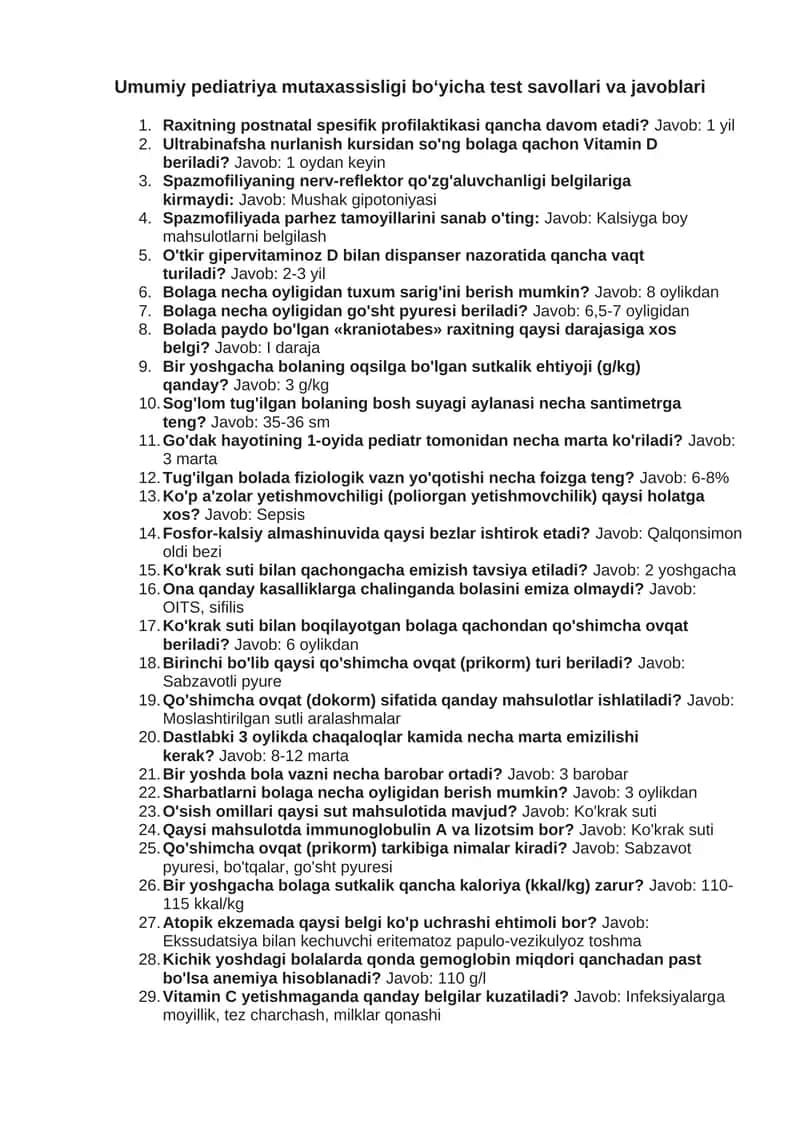 Umumiy pediatriya mutaxassisligi boʻyicha test savollari va javoblari 1