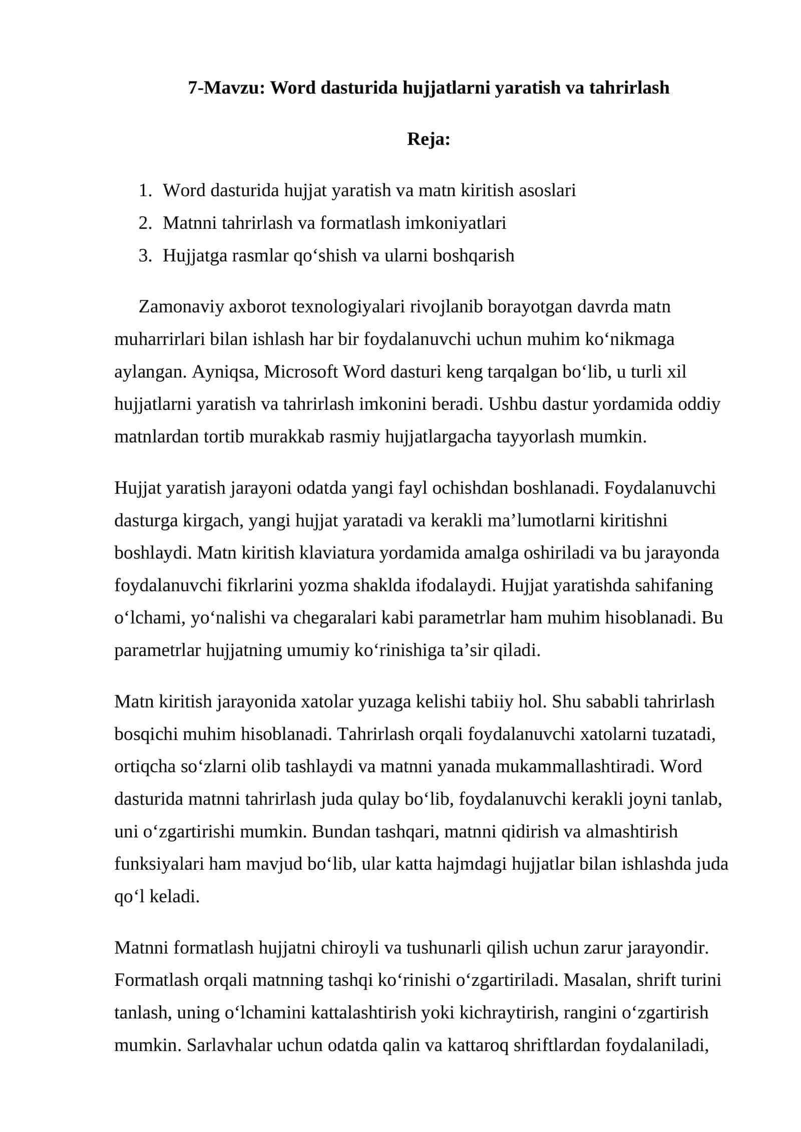 Word dasturida hujjatlarni yaratish va tahrirlash 1