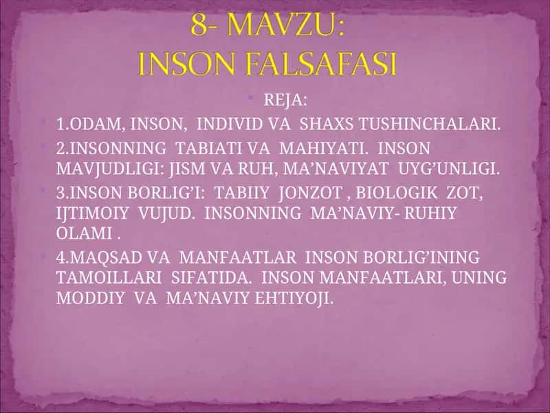 ODAM, INSON, INDIVID VA SHAXS TUSHINCHALARI 1