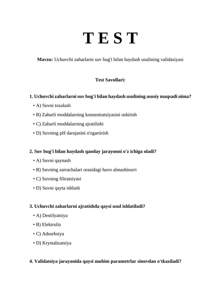 Uchuvchi zaharlarni suv bug'i bilan haydash usulining validasiyasi 1