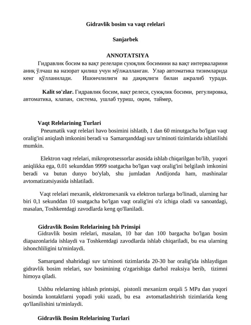 Gidravlik bosim va vaqt relelari 1