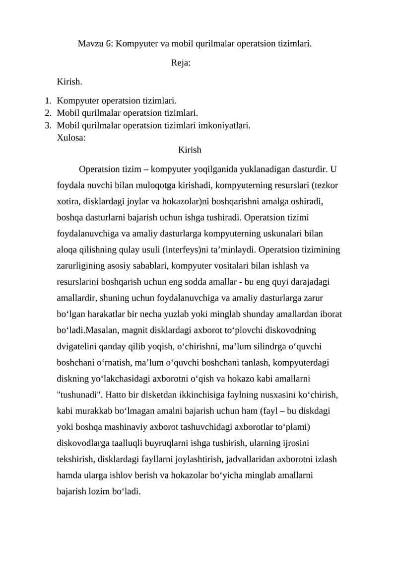 Kompyuter va mobil qurilmalar operatsion tizimlari 1