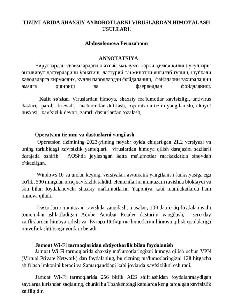 TIZIMLARIDA SHAXSIY AXBOROTLARNI VIRUSLARDAN HIMOYALASH USULLARI 1