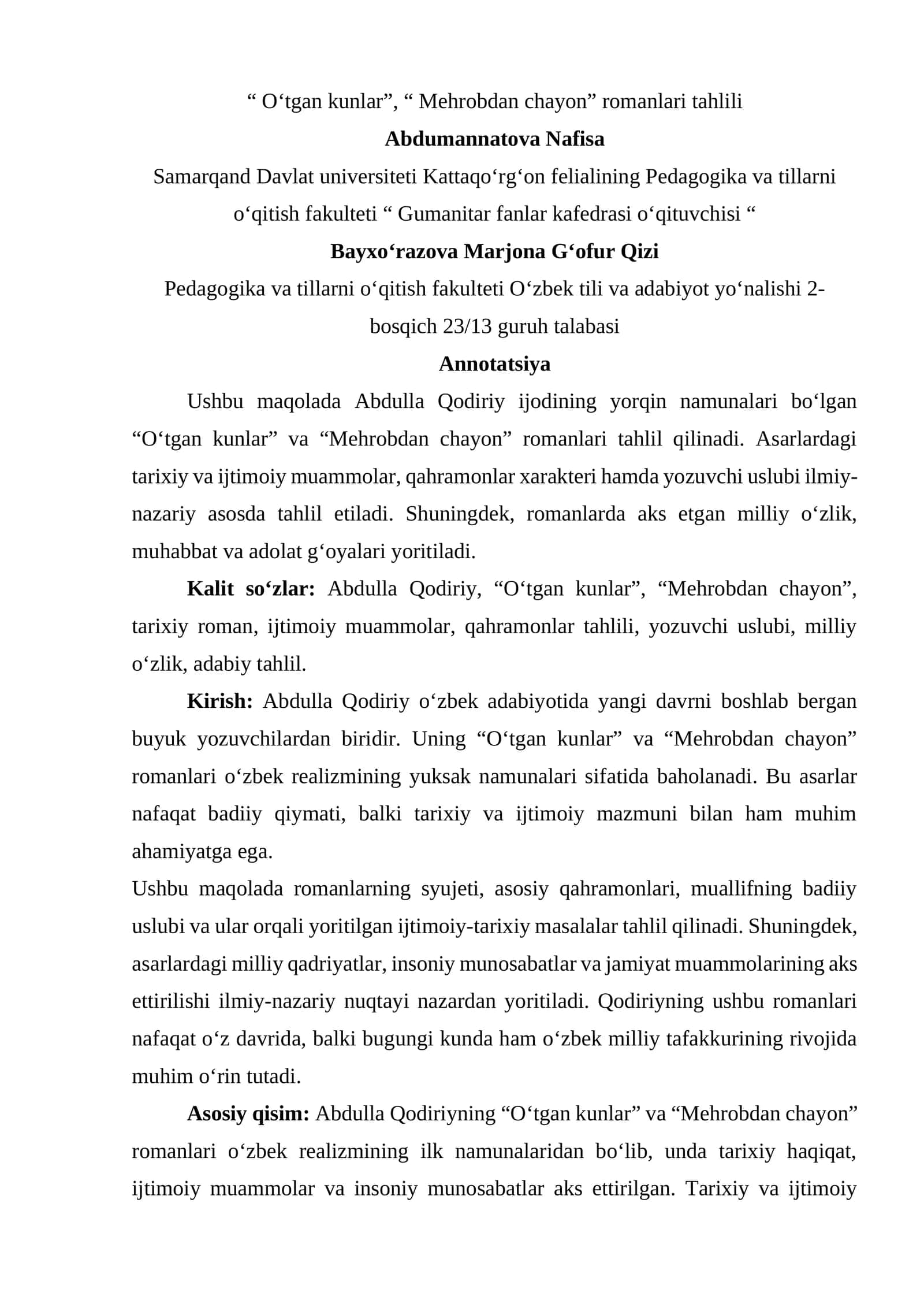 "Oʻtgan kunlar", "Mehrobdan chayon" romanlari tahlili 1