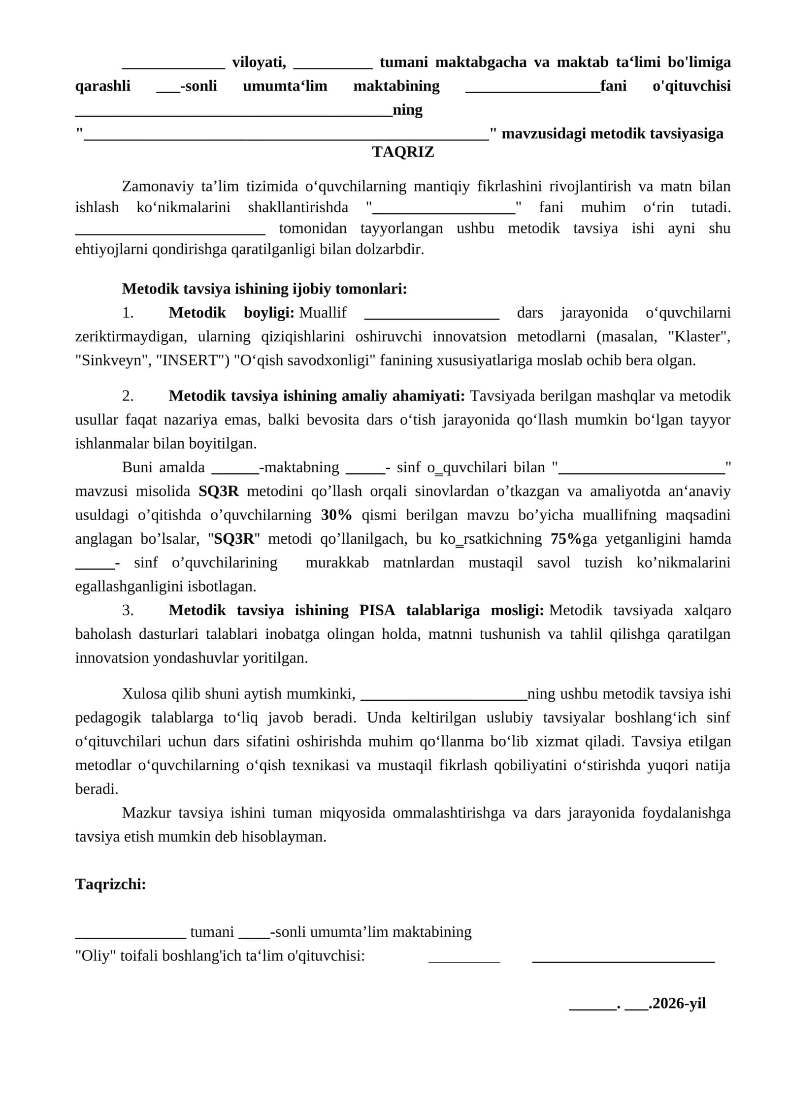 Ommalashtirish bo'yicha metodik tavsiya ishiga taqriz 1
