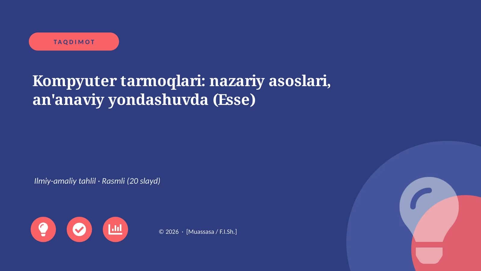 Kompyuter tarmoqlari: nazariy asoslari, an'anaviy yondashuvda (Esse) 1