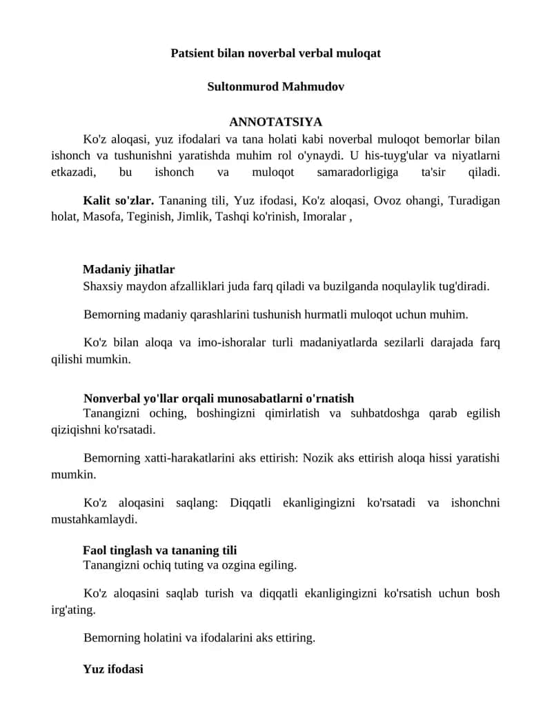 Patsient bilan noverbal verbal muloqat 1