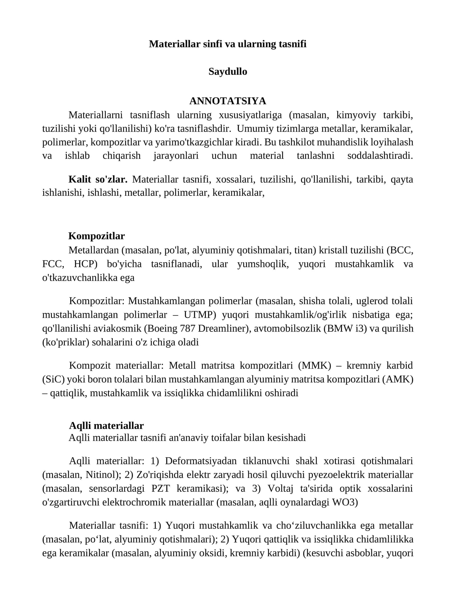 Materiallar sinfi va ularning tasnifi 1