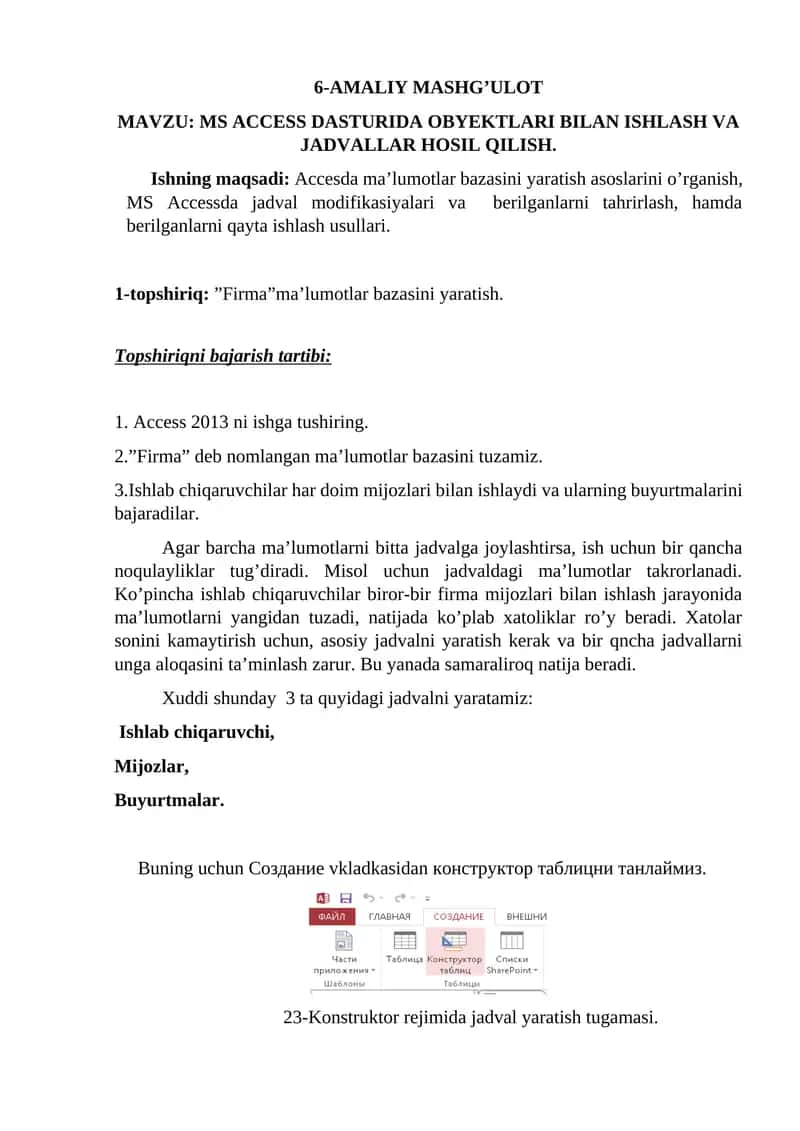 MS ACCESS DASTURIDA OBYEKTLARI BILAN ISHLASH VA JADVALLAR HOSIL QILISH 1