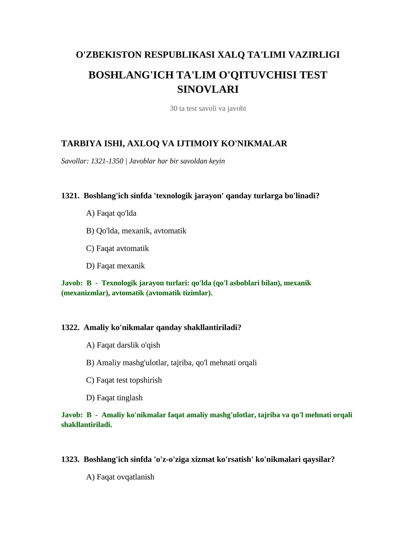 O'QITUVCHISI TEST SINOVLARI 1