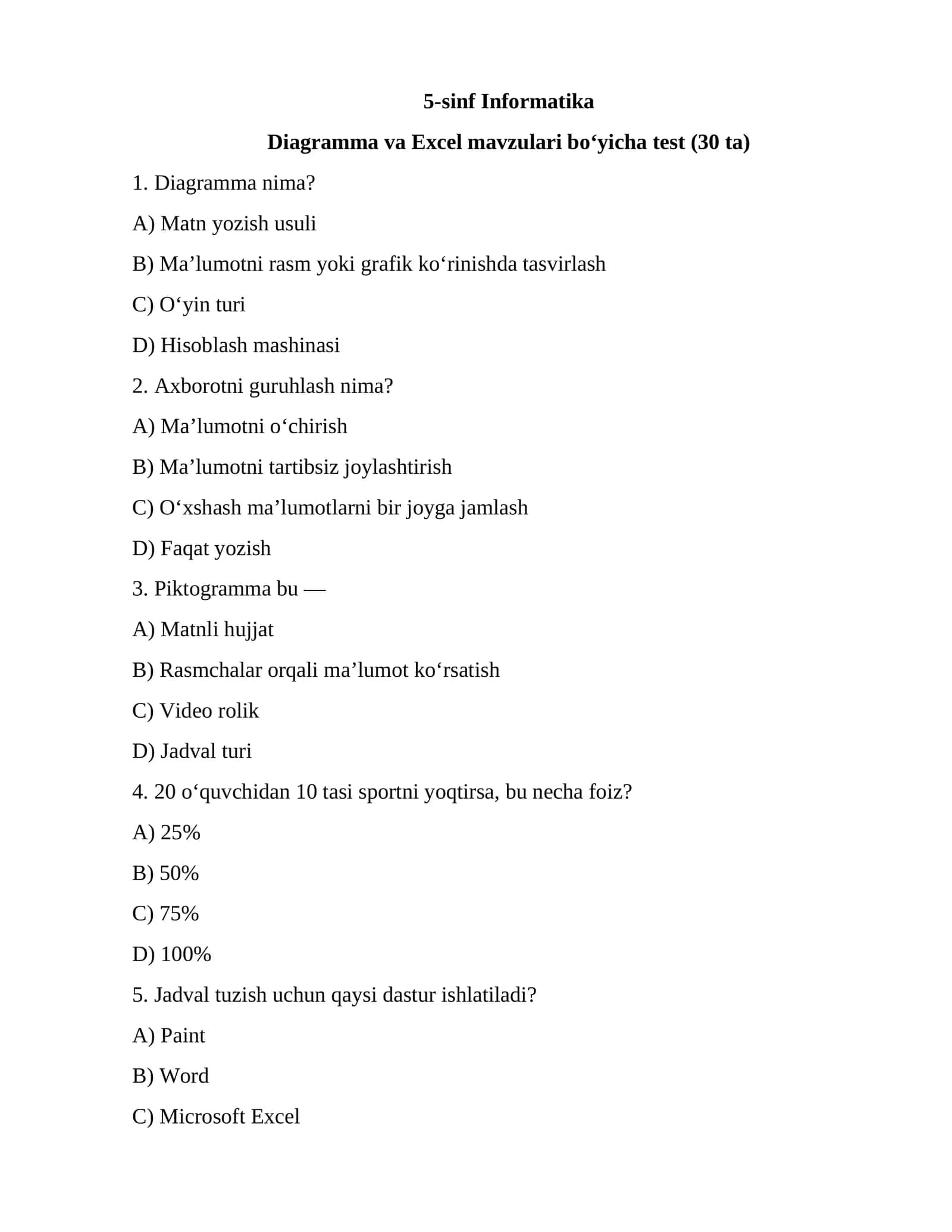 5-sinf 3-chorak uchun 30 talik test 1