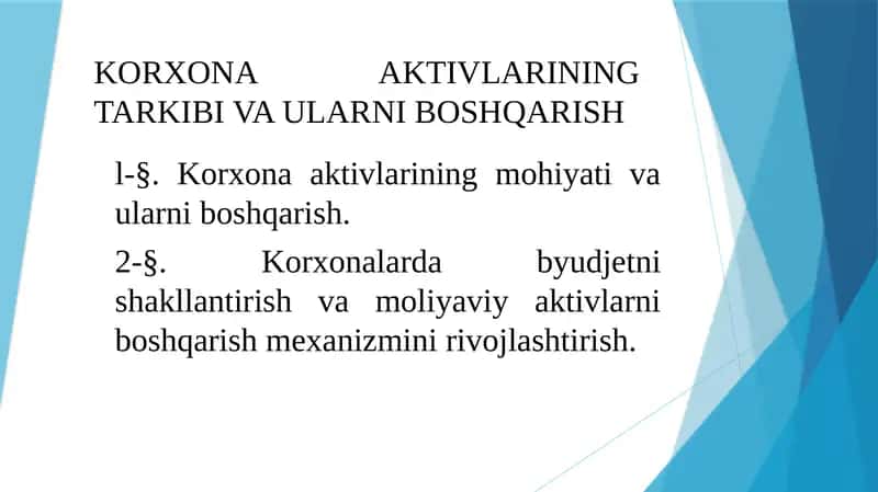 Korxona aktivlarining tarkibi va ularni boshqarish 1