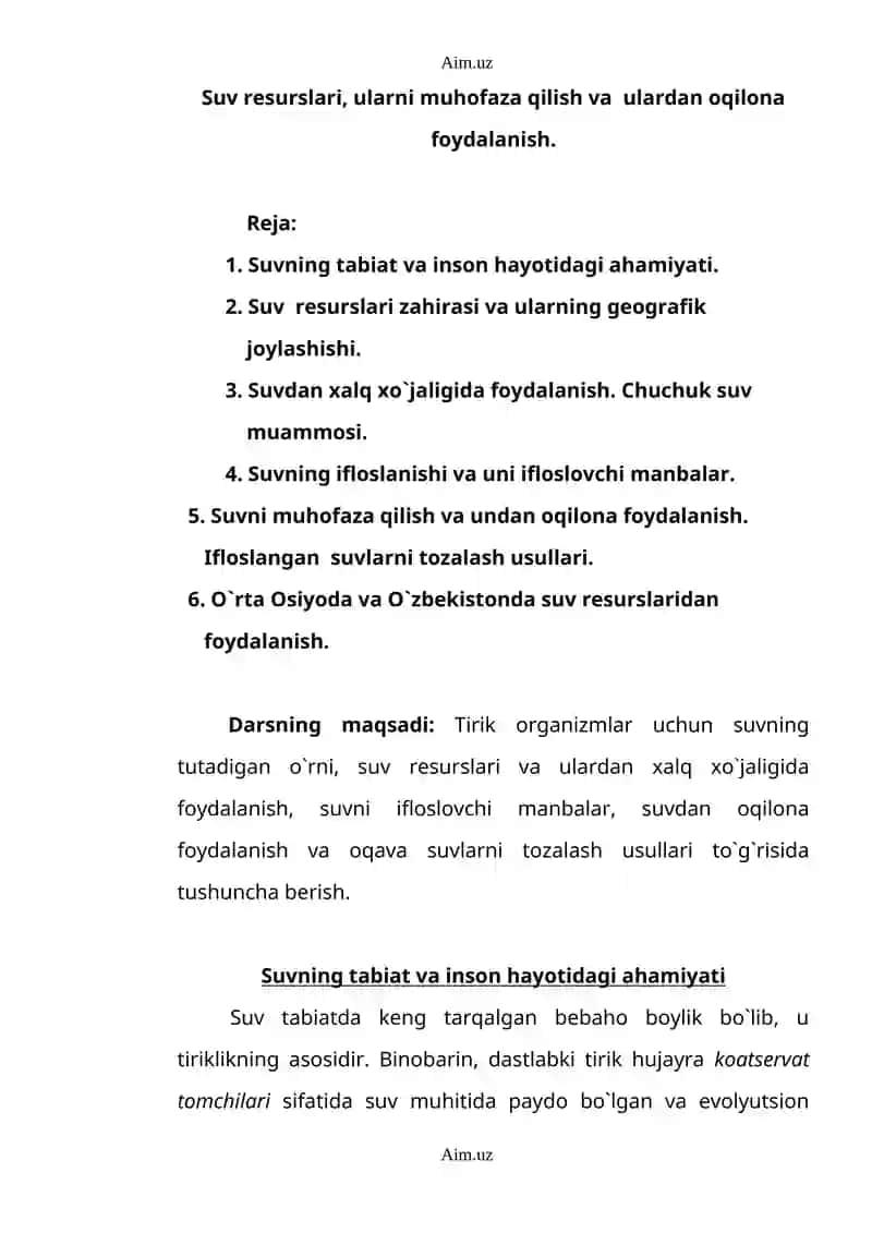 Suv resurslari, ularni muhofaza qilish va ulardan oqilona foydalanish.