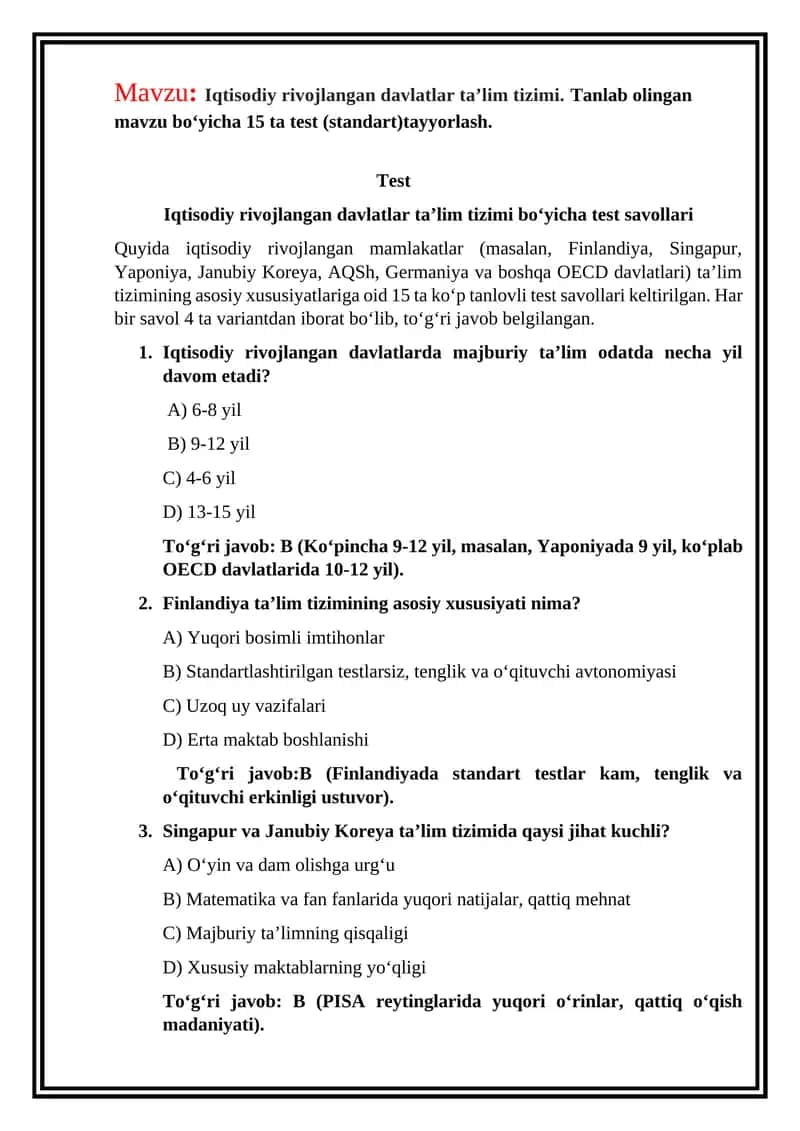 Iqtisodiy rivojlangan davlatlar ta’lim tizimi testlari 1