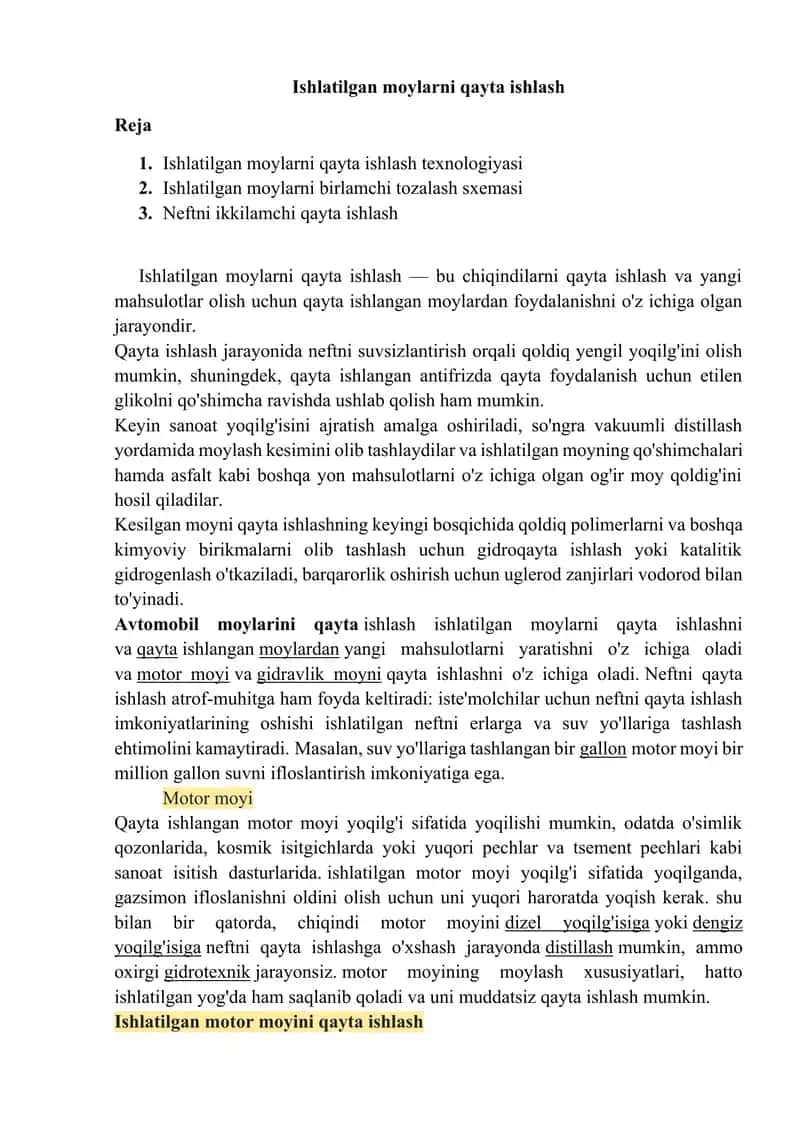 Ishlatilgan moylarni qayta ishlash 1