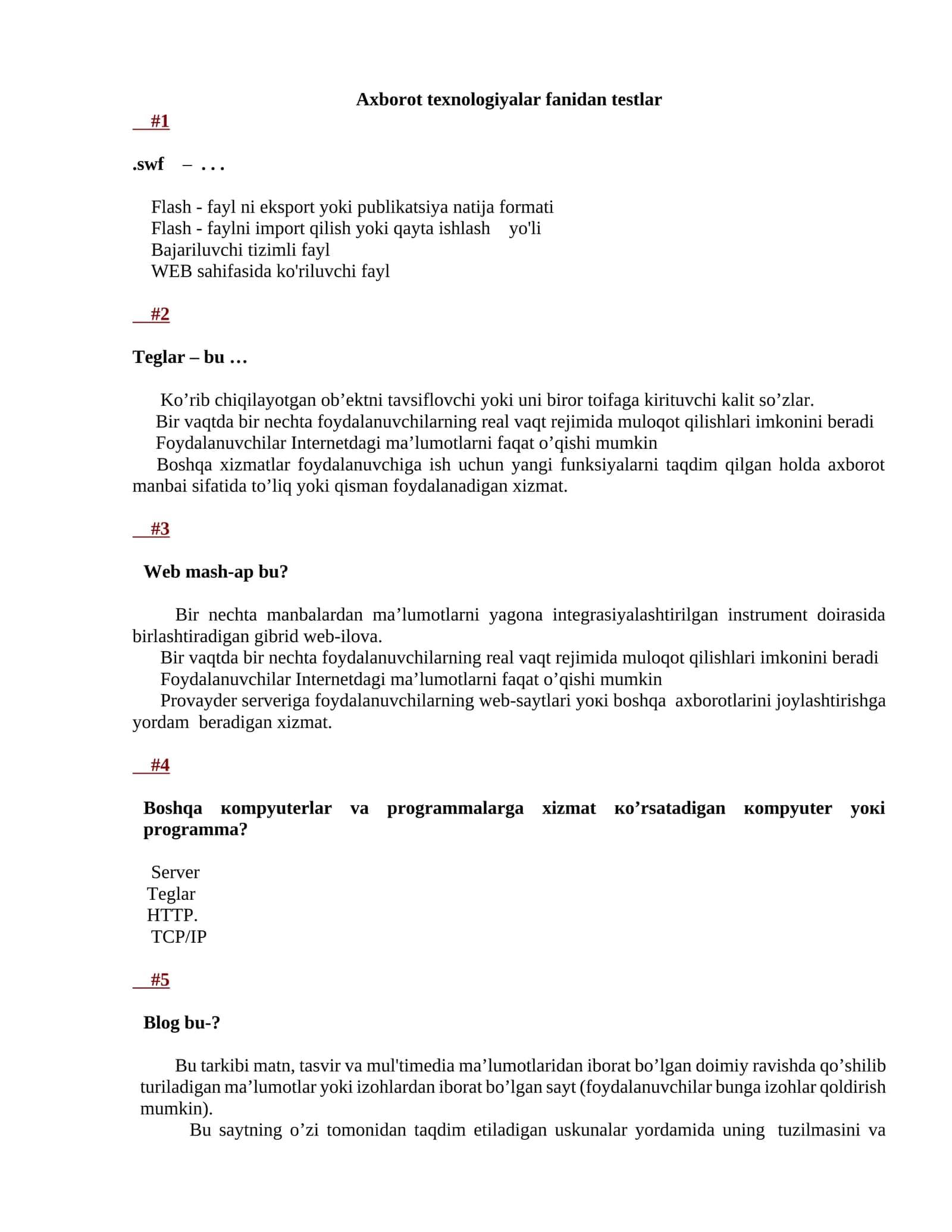 Axborot texnologiyalar fanidan testlar 1