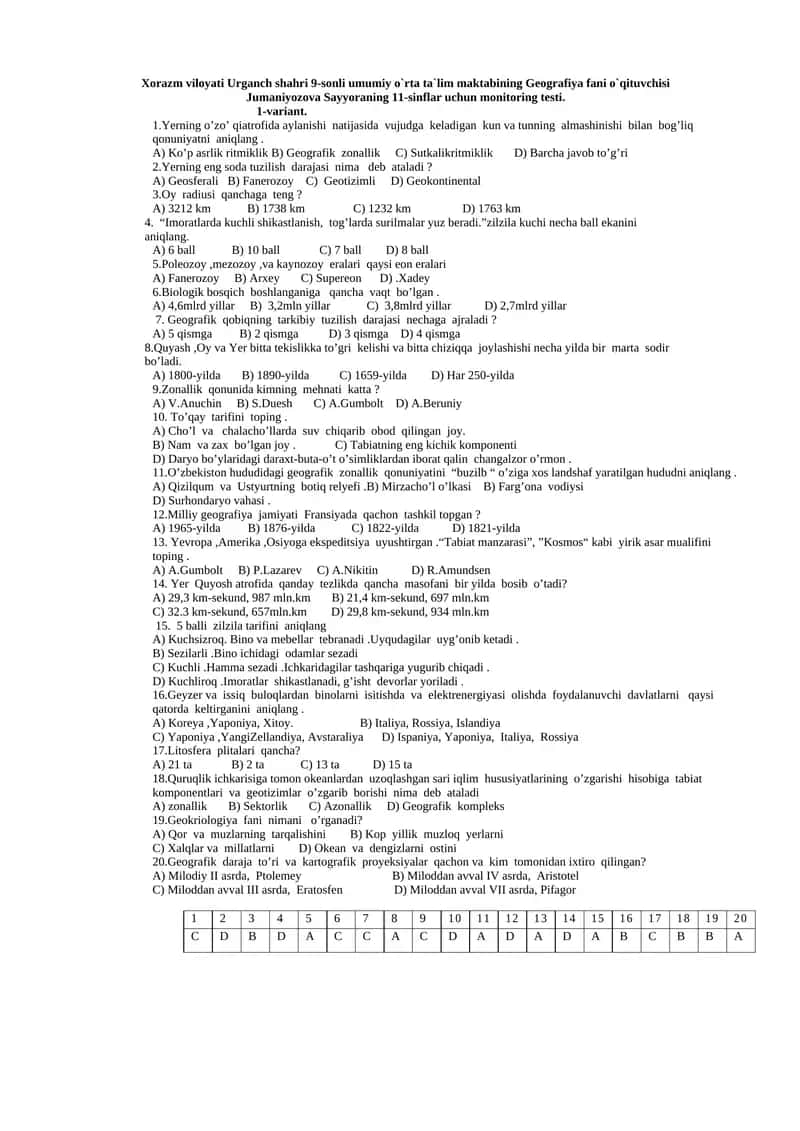 11-sinflar uchun monitoring testi 1