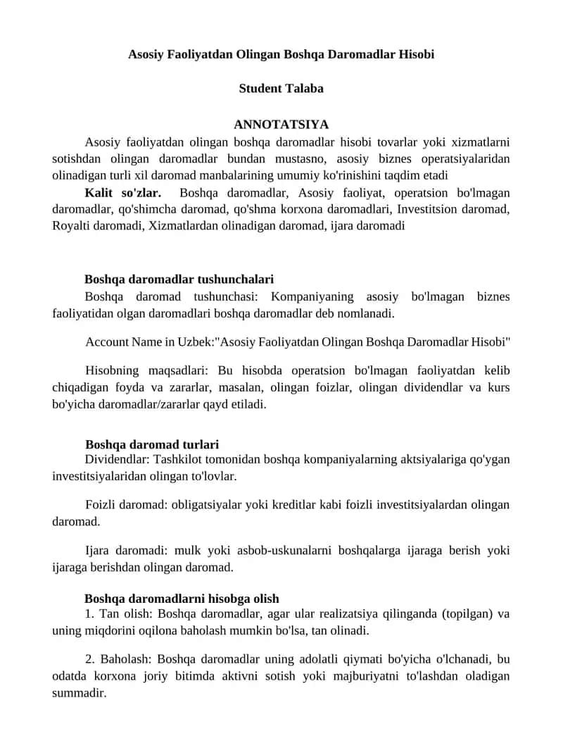 Asosiy Faoliyatdan Olingan Boshqa Daromadlar Hisobi 1
