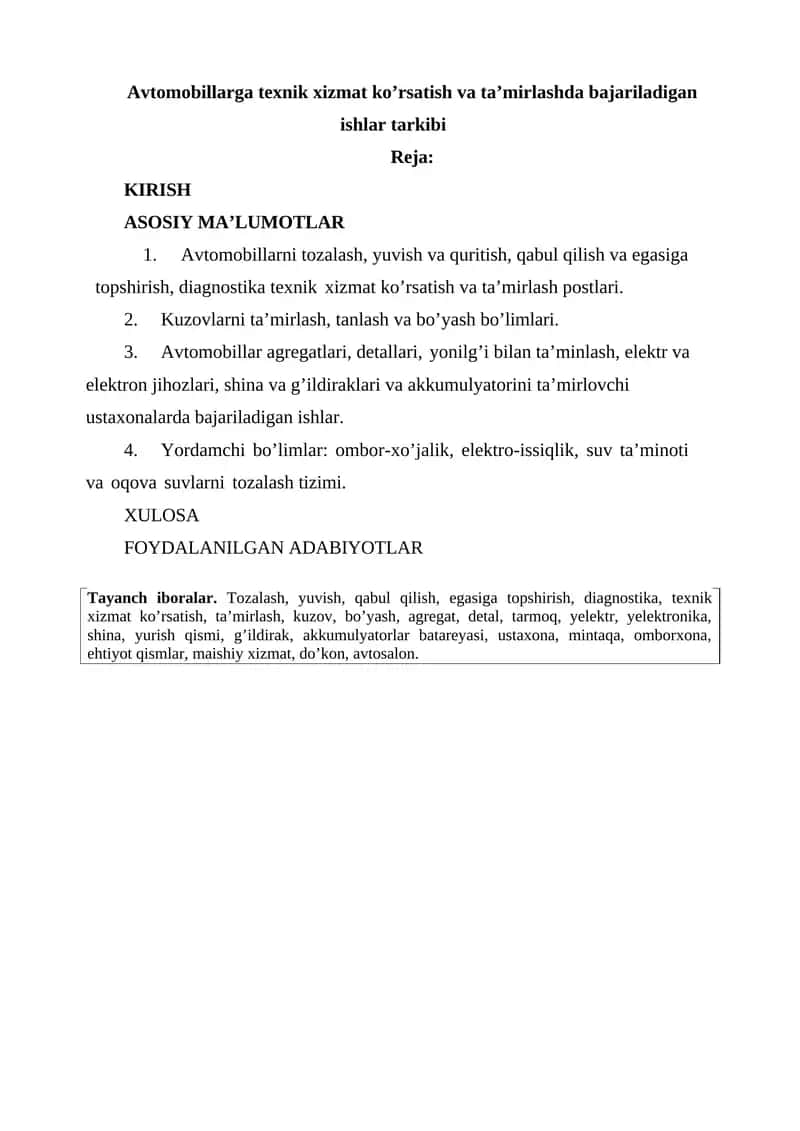Avtomobillarga texnik xizmat ko’rsatish va ta’mirlashda bajariladigan ishlar tarkibi 1