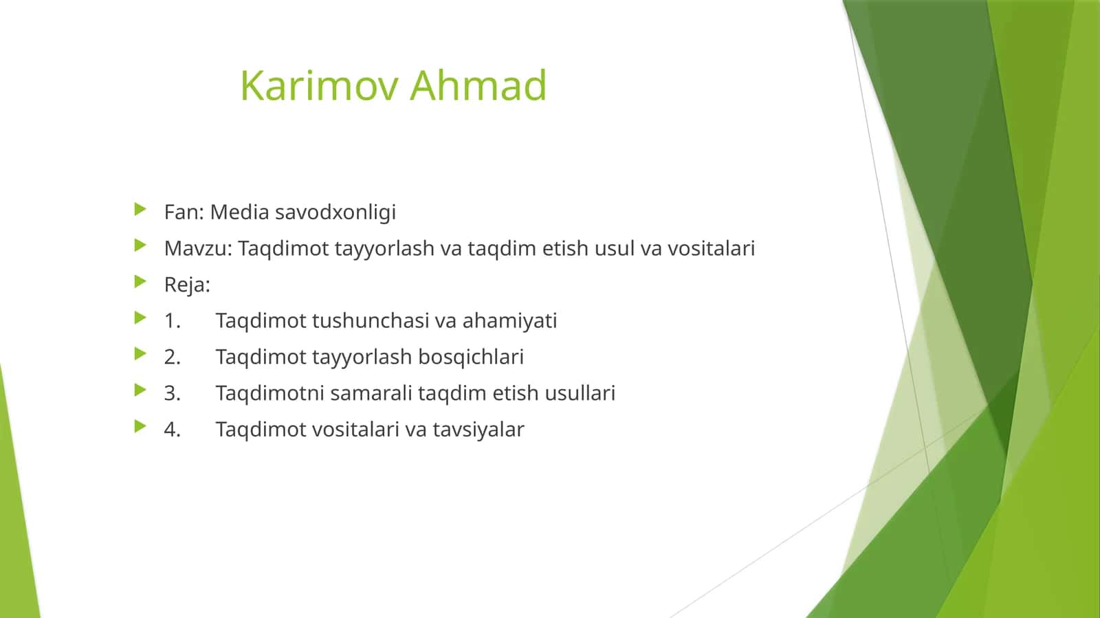 Taqdimot tayyorlash va taqdim etish usullari 1
