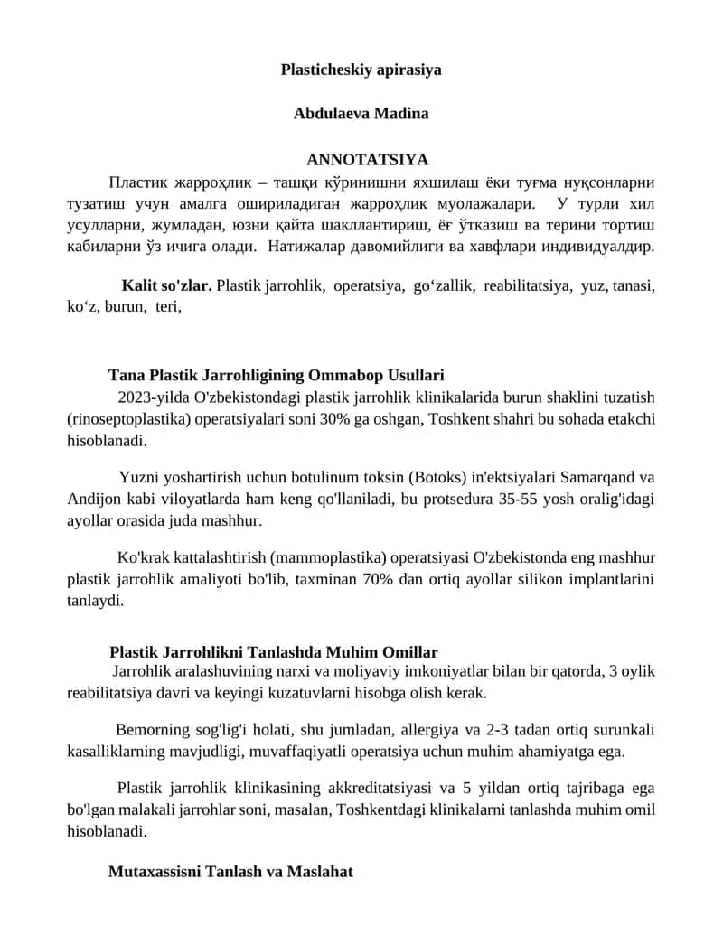 Tana Plastik Jarrohligining Ommabop Usullari 1