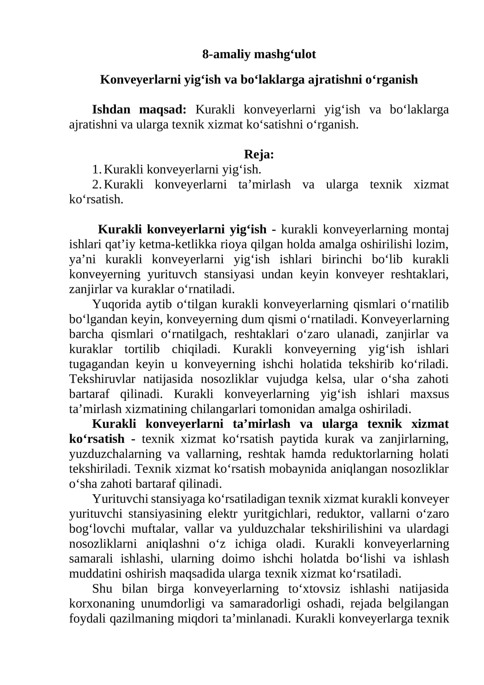 Konvеyеrlarni yig‘ish va bo‘laklarga ajratishni o‘rganish 1