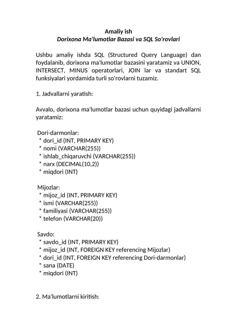Dorixona Ma'lumotlar Bazasi va SQL So'rovlari 1