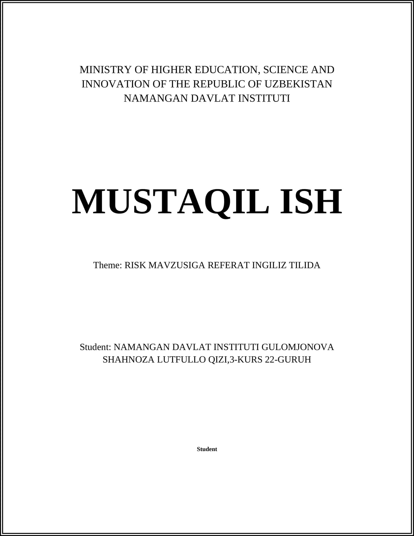 RISK MAVZUSIGA REFERAT INGILIZ TILIDA 1