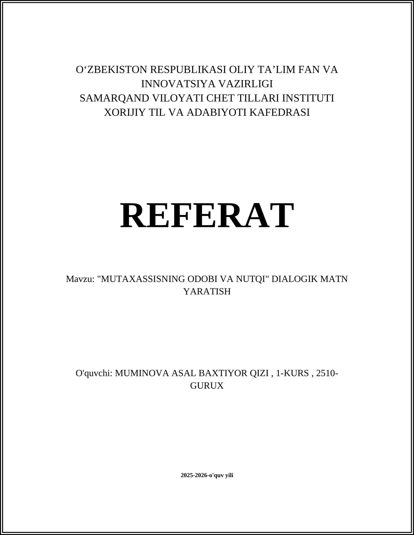 MUTAXASSISNING ODOBI VA NUTQI" DIALOGIK MATN YARATISH 1