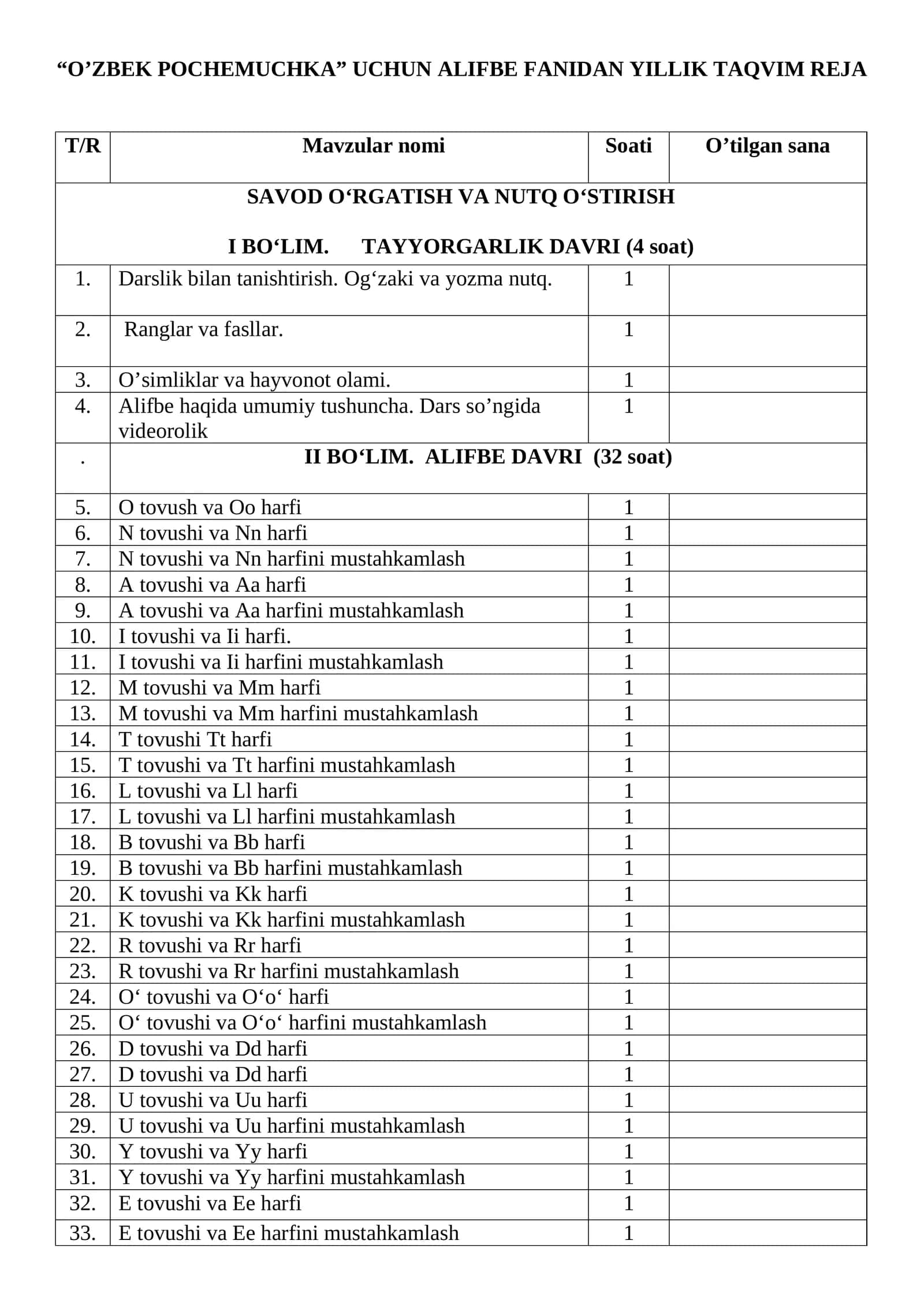 ALIFBE FANIDAN YILLIK TAQVIM REJA 1