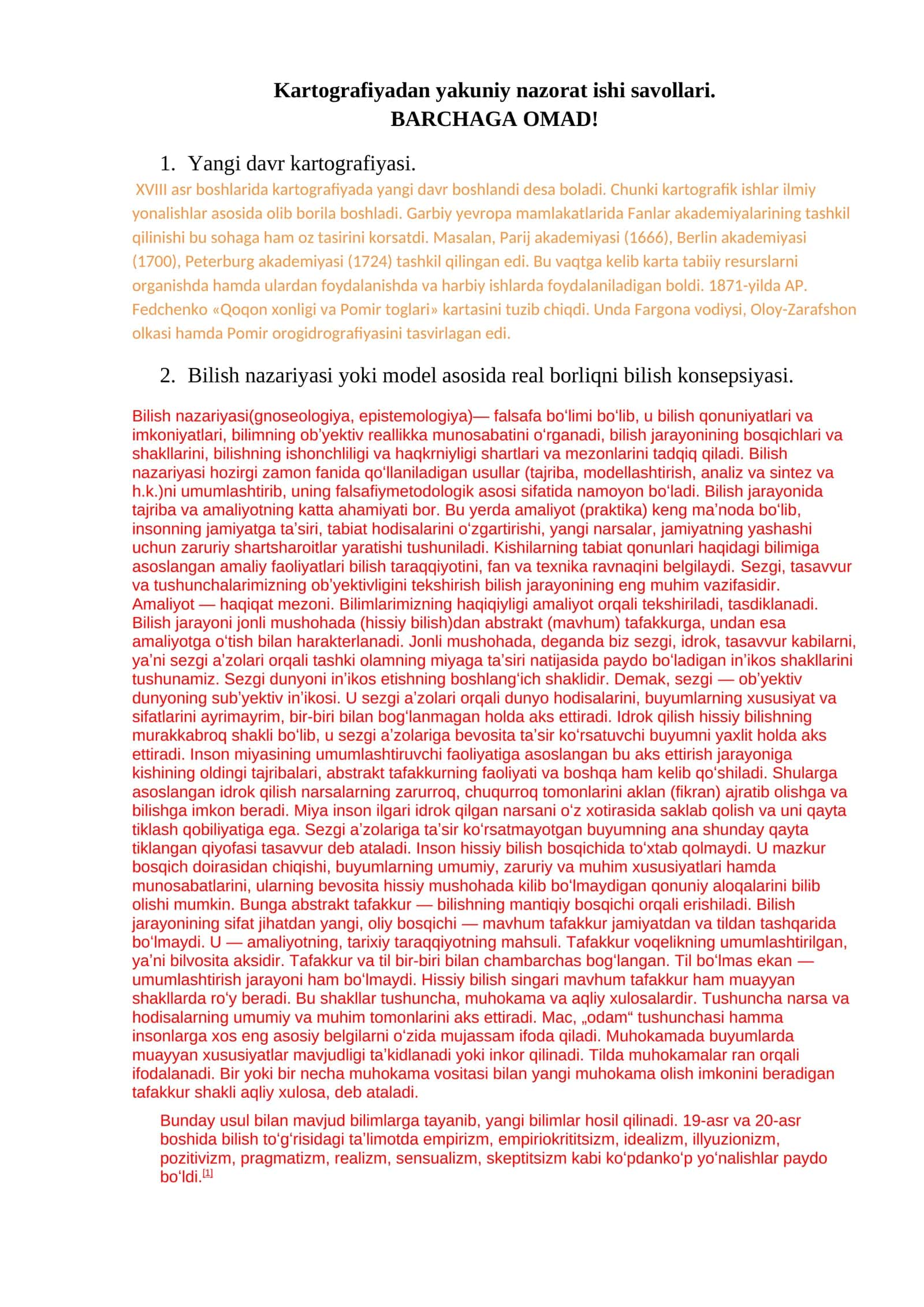Kartografiyadan yakuniy nazorat ishi savollari 1