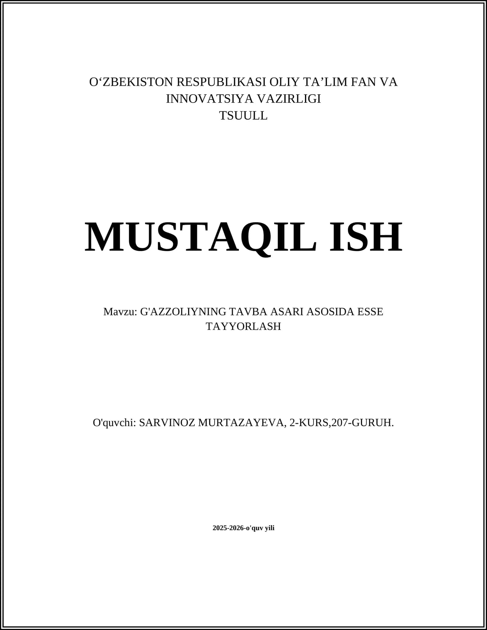 G'AZZOLIYNING TAVBA ASARI ASOSIDA ESSE TAYYORLASH 1