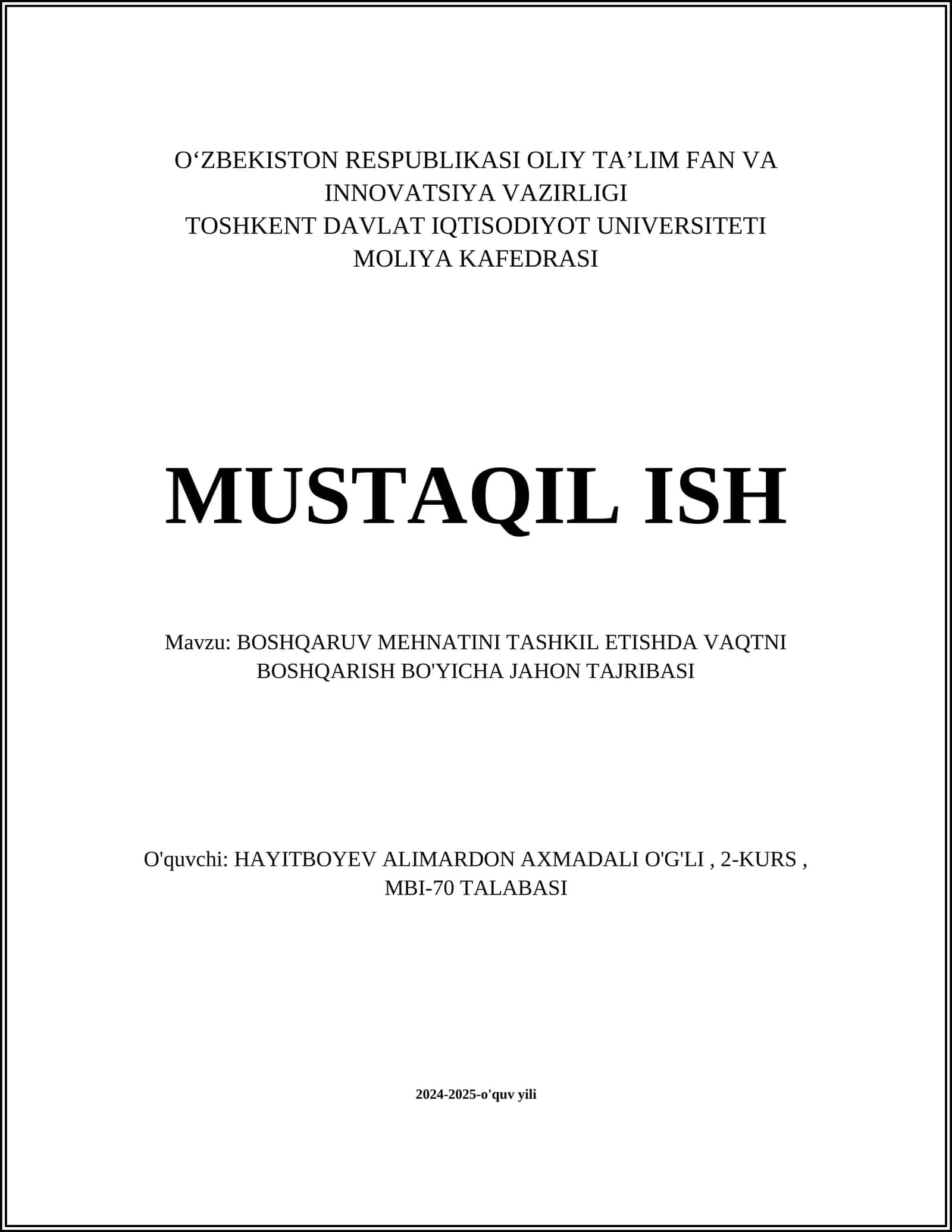 BOSHQARUV MEHNATINI TASHKIL ETISHDA VAQTNI BOSHQARISH BO'YICHA JAHON TAJRIBASI 1