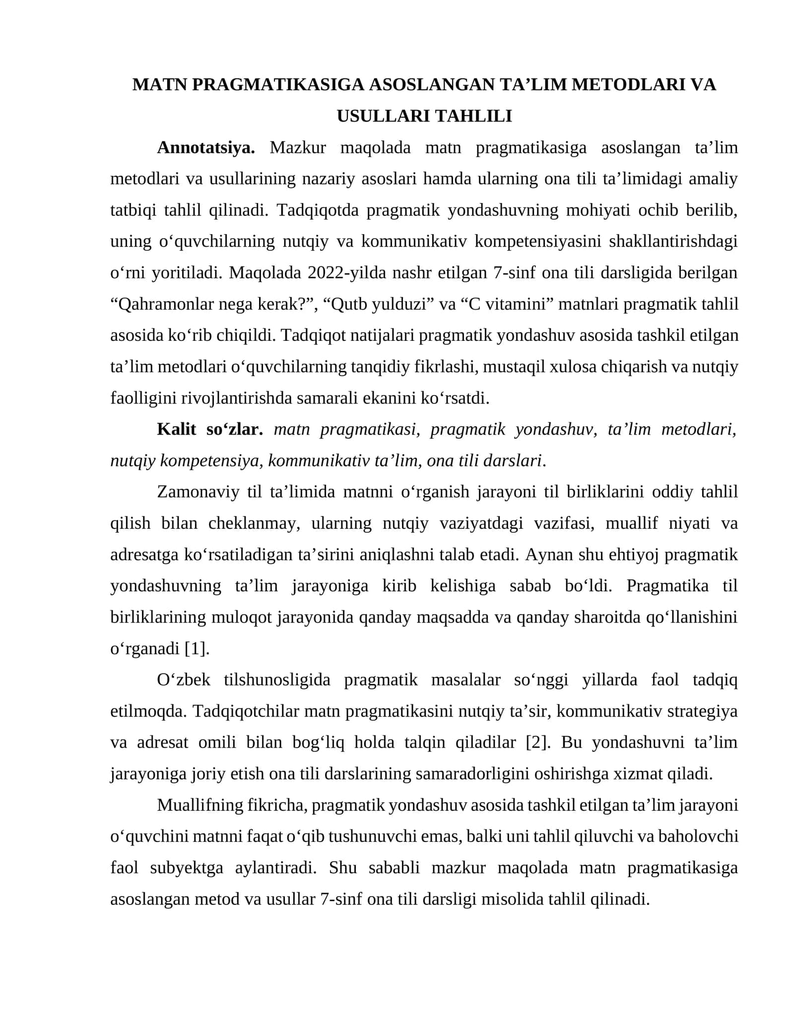 MATN PRAGMATIKASIGA ASOSLANGAN TA’LIM METODLARI VA USULLARI TAHLILI 1