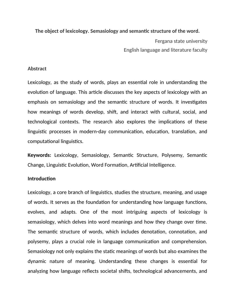 The object of lexicology. Semasiology and semantic structure of the word 1