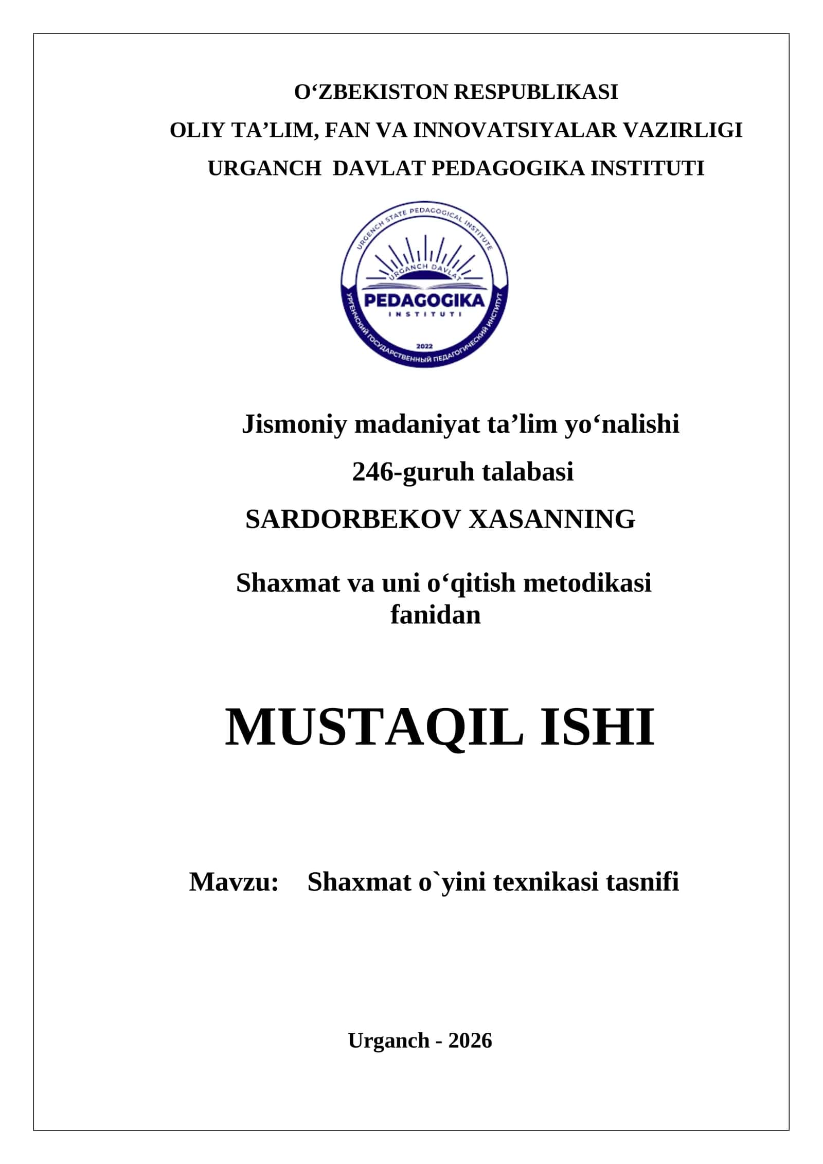 Shaxmat o`yini texnikasi tasnifi 1