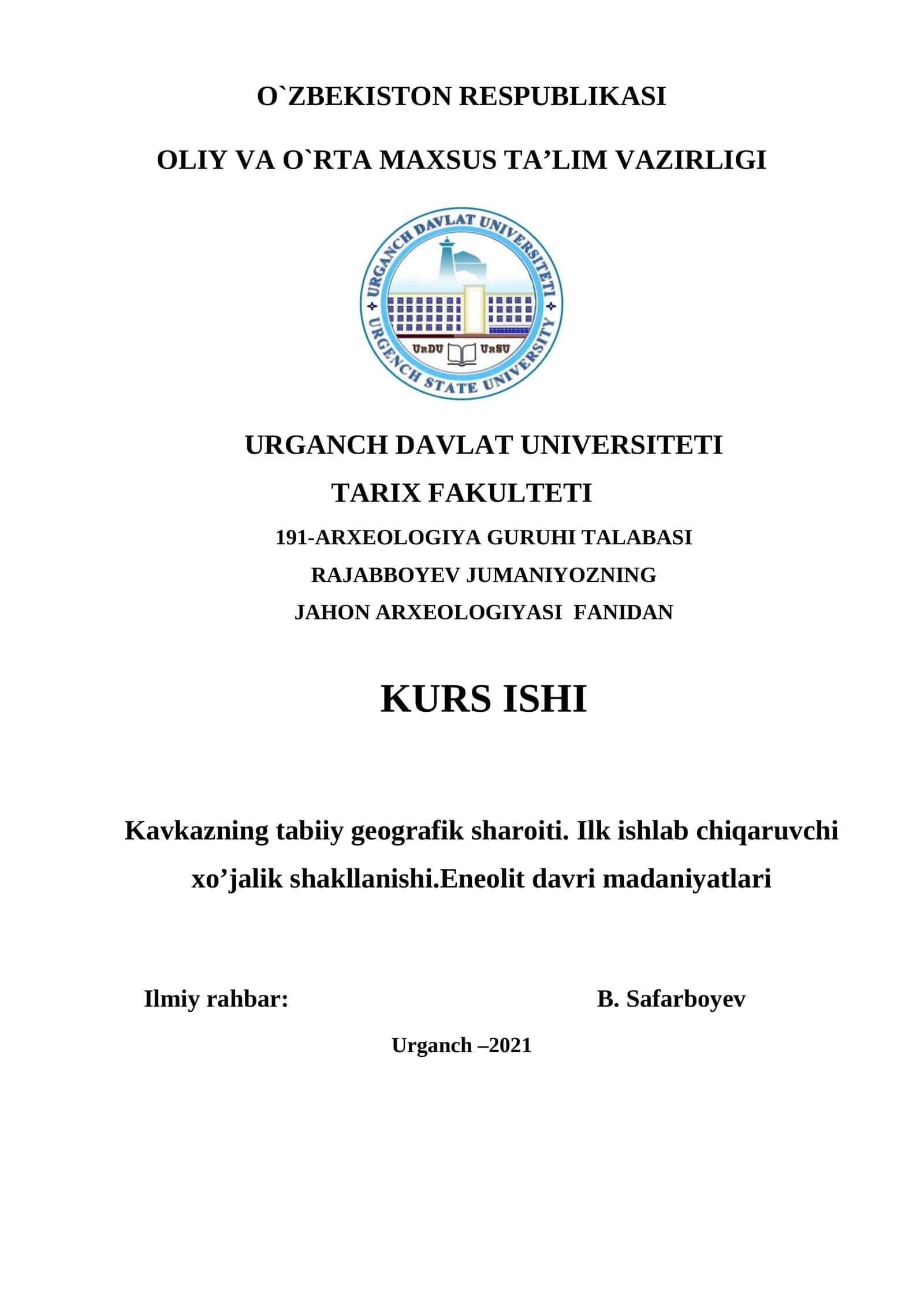 JAHON ARXEOLOGIYASI FANIDAN KURS ISHI 1