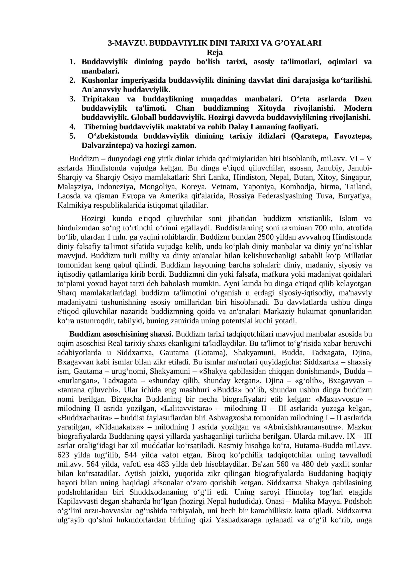 MAVZU. BUDDAVIYLIK DINI TARIXI VA G’OYALARI 1