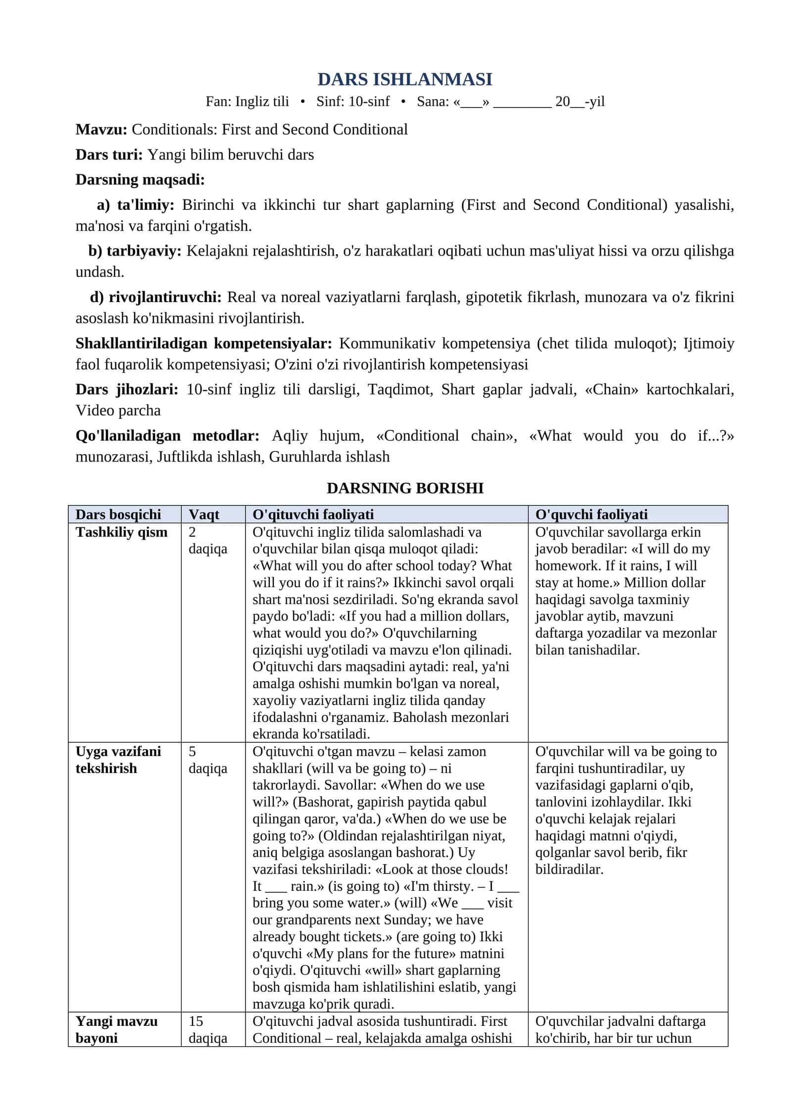 10 sinf Ingliz tili dars ishlanma Conditionals First and Second Conditional 1