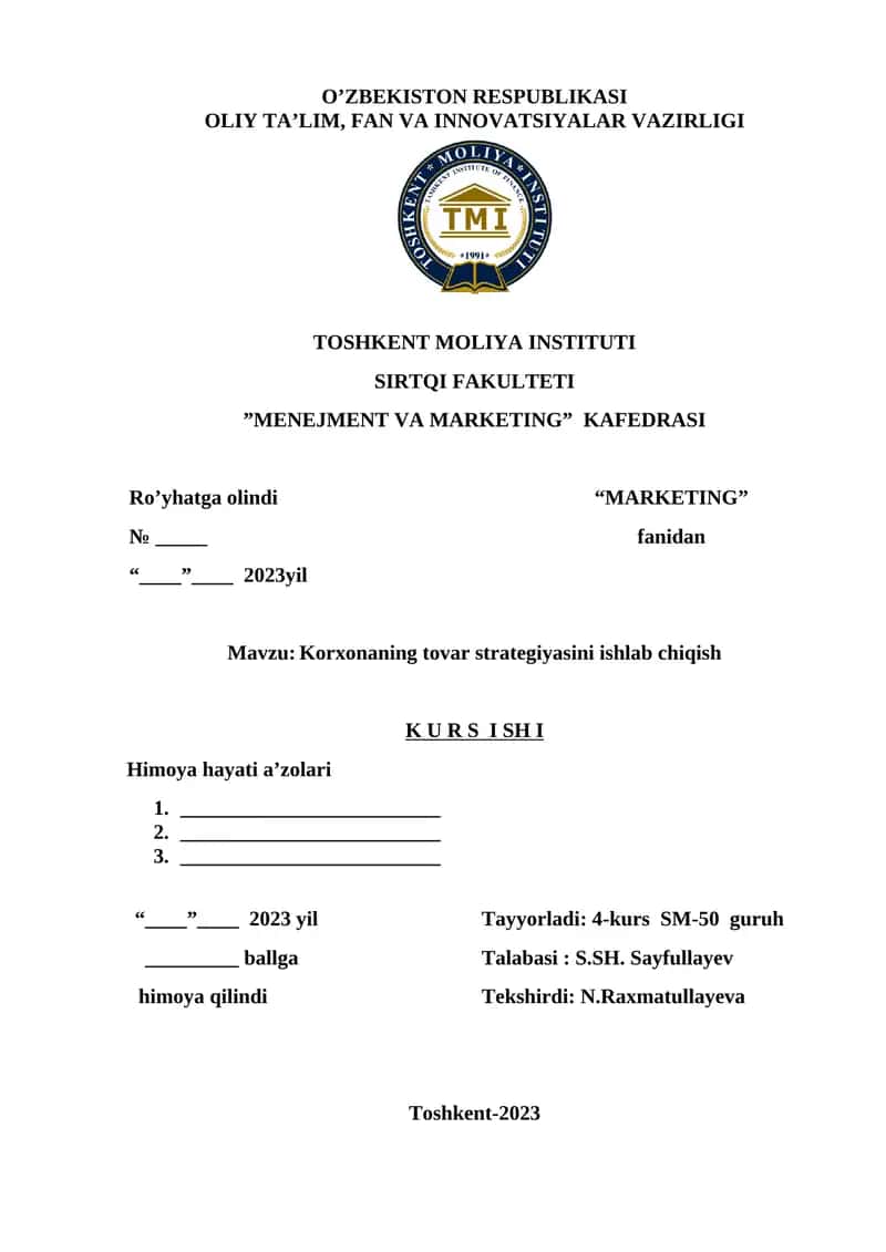 Korxonaning tovar strategiyasini ishlab chiqish 1