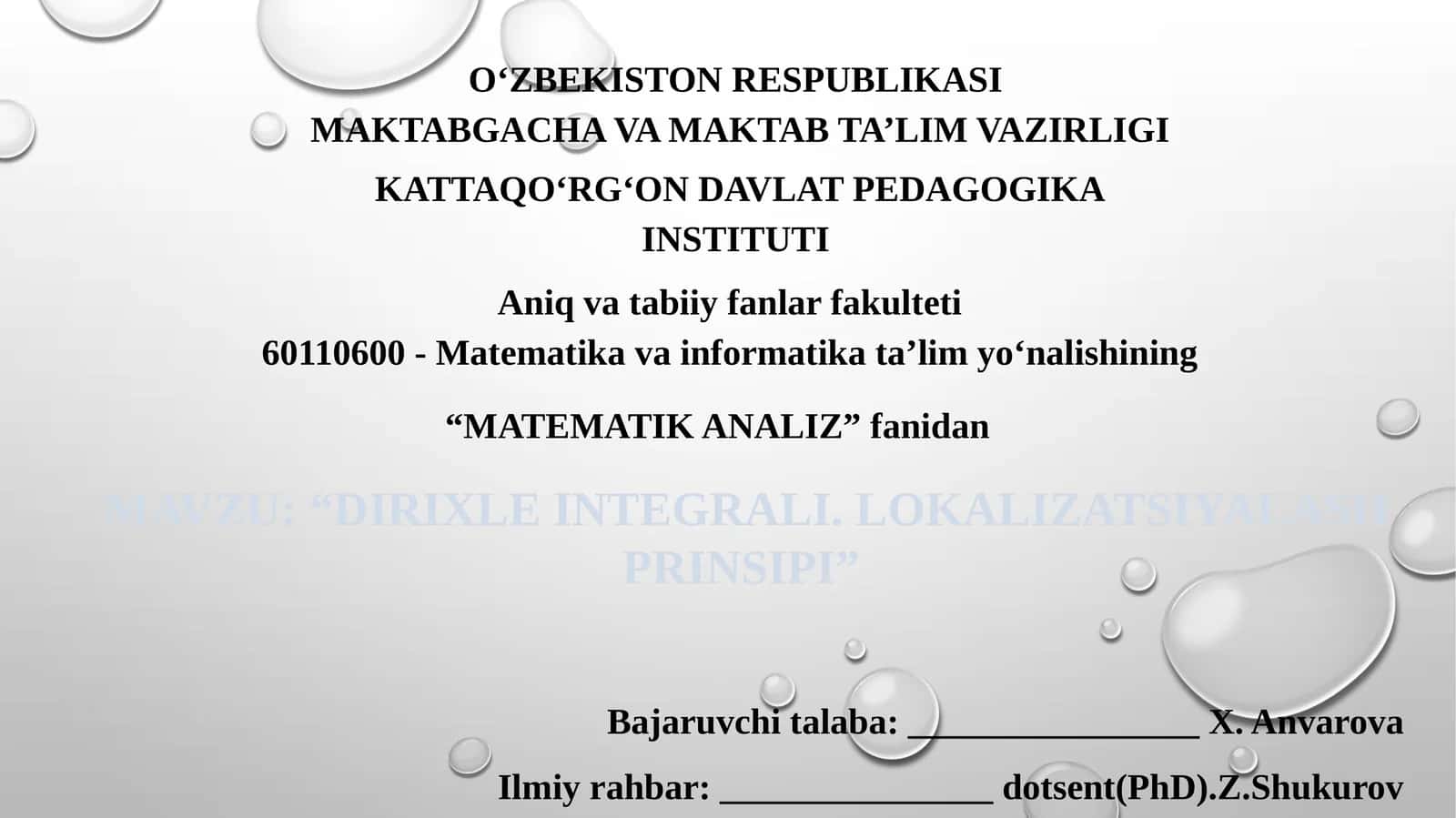 “DIRIXLE INTEGRALI. LOKALIZATSIYALASH PRINSIPI” 1