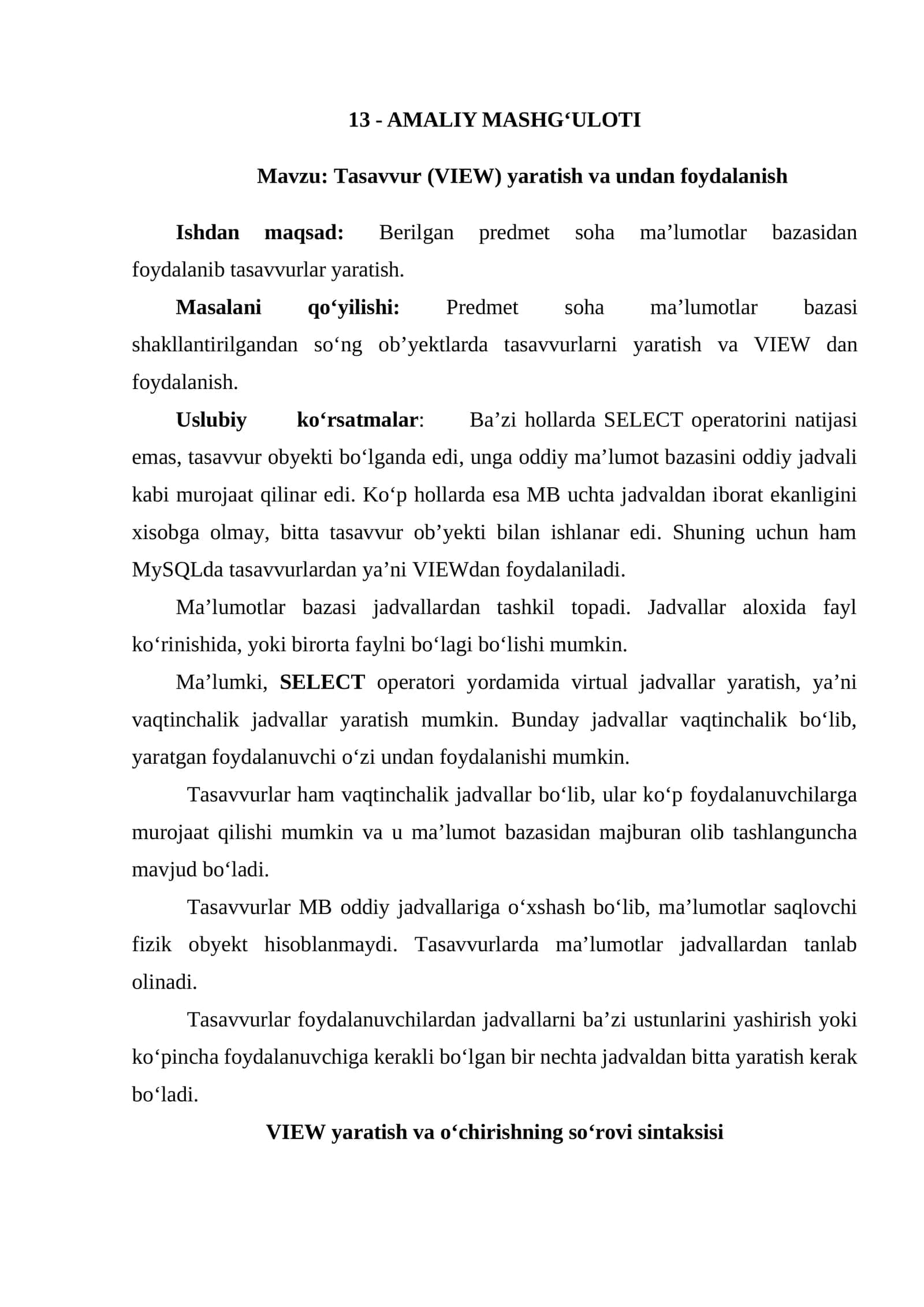 Tasavvur (VIEW) yaratish va undan foydalanish 1